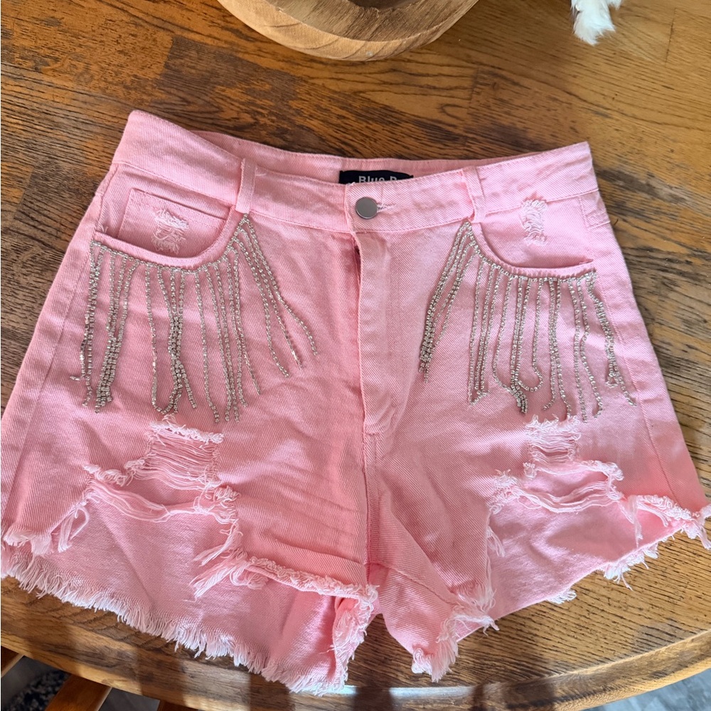 Blue Spice Pink Jean Shorts with Beaded Fringe
